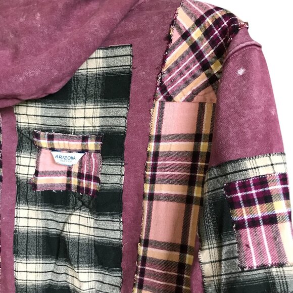 Upcycled Patchwork Hoodie, S-M: Distressed Magenta Grunge Sweater, Campus Style - Picture 6 of 16